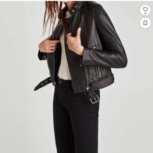 Zara Trafaluc Outerwear Collection black sheep leather jacket moto style size XS